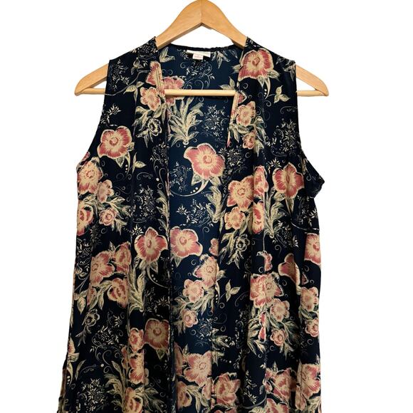 Floral Sleeveless Kimono Duster Wrap Navy Lightweight S Boho Flowy Semi Sheer - Picture 6 of 12